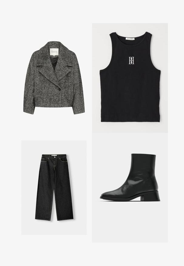 Schwarz-weißer, gestreifter Kurzmantel mit breitem Revers, Einzelknopfverschluss und zwei seitlichen Taschen. Glatte Stoffoberfläche.; Schwarzes, geripptes Tanktop mit rundem Ausschnitt und besticktem Logo in Weiß. Der Stoff hat eine glatte Textur und eine körperbetonte Passform.; Schwarze Jeans mit weitem Bein aus Denim, mit fünf Taschen, metallischem Knopf und Reißverschluss und kontrastierenden gelben Nähten entlang der Nähte.; Schwarze Ankle Boots aus glänzendem Leder, mit einem eleganten Design, spitzer Zehenpartie und einem moderaten Blockabsatz für Stabilität.