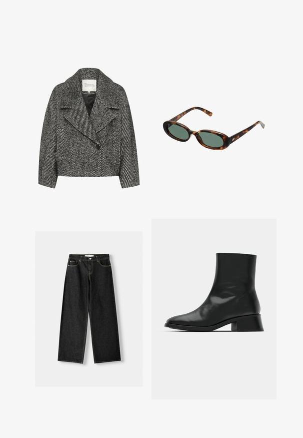 Schwarz-weißer, gestreifter Kurzmantel mit breitem Revers, Einzelknopfverschluss und zwei seitlichen Taschen. Glatte Stoffoberfläche.; Schwarzes, geripptes Tanktop mit rundem Ausschnitt und besticktem Logo in Weiß. Der Stoff hat eine glatte Textur und eine körperbetonte Passform.; Schwarze Jeans mit weitem Bein aus Denim, mit fünf Taschen, metallischem Knopf und Reißverschluss und kontrastierenden gelben Nähten entlang der Nähte.; Schwarze Ankle Boots aus glänzendem Leder, mit einem eleganten Design, spitzer Zehenpartie und einem moderaten Blockabsatz für Stabilität.; Schildpatt-Sonnenbrille mit ovalen Rahmen und grünen Gläsern. Verfügt über dünne Bügel mit einem metallischen Akzent in der Nähe der Scharniere.