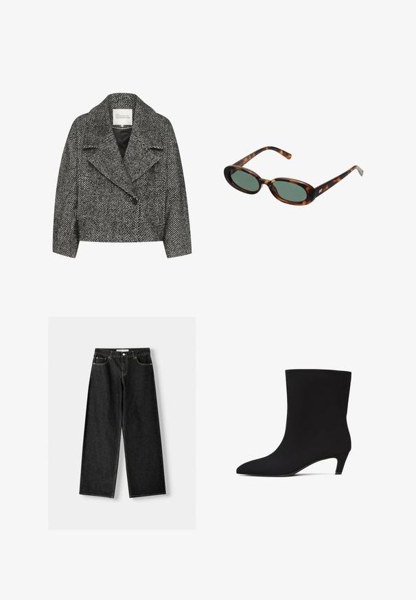 Fekete-fehér halszálkaként mintázott cropped kabát széles hajtókával, egy gombos záródással és két oldalsó zsebbel. Sima szövettextúra.; Fekete bordás trikó kerek nyakkivágással és fehér hímzett logóval. Az anyag sima tapintású, testhezálló formával.; Fekete farmer széles szárú nadrág, öt zsebbel, fémből készült gombbal és cipzárral, valamint kontrasztos sárga varrással az illesztéseknél.; Fekete bokacsizma sima, elegáns textúrával, hegyes orral és alacsony, kiscicás sarokkal. Zökkenőmentes kivitel, látható szerelvények vagy minták nélkül.; Tortojásmintás napszemüveg ovális kerettel és zöld lencsékkel. Vékony szárakkal rendelkezik, fémes kiegészítővel a csuklók közelében.