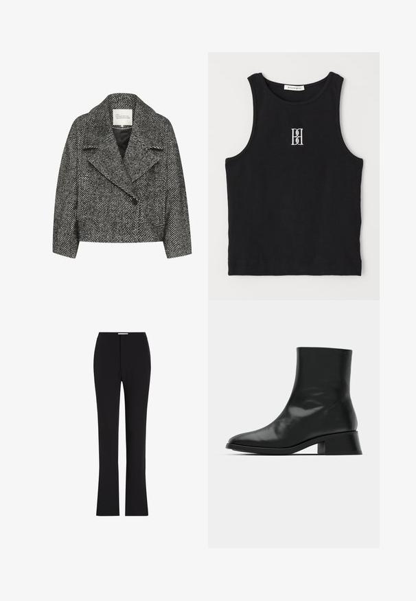 Fekete-fehér halszálkaként mintázott cropped kabát széles hajtókával, egy gombos záródással és két oldalsó zsebbel. Sima szövettextúra.; Fekete bordás trikó kerek nyakkivágással és fehér hímzett logóval. Az anyag sima tapintású, testhezálló formával.; Fekete, szabott nadrág, harangszárú; sima anyagból készült; elülső zsebekkel rendelkezik; minimalista dizájn, látható minták nélkül.; Fekete bokacsizma fényes bőrből, karcsú dizájnnal, hegyes orral és mérsékelt tömbsarkal a stabilitás érdekében.