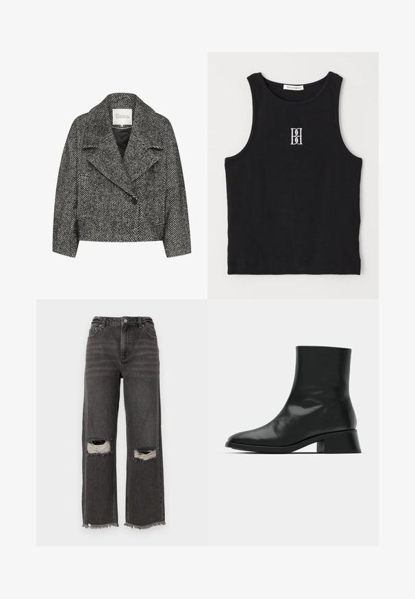 Cappotto corto a righe a zig-zag bianco e nero con ampio risvolto, chiusura a singolo bottone e due tasche laterali. Tessuto dalla texture liscia.; Canotta nera a costine con scollatura rotonda e logo ricamato in bianco. Il tessuto ha una texture liscia con una forma aderente.; Jeans a vita alta e gamba larga in denim grigio scuro con orlo sfilacciato e strappi alle ginocchia consumati, caratterizzati da un leggero scolorimento e un classico design a cinque tasche.; Stivale alla caviglia nero realizzato in pelle lucida, con un design elegante, punta affilata e un tacco a blocco moderato per stabilità.