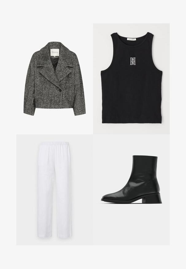 Cappotto corto a righe a zig-zag bianco e nero con ampio risvolto, chiusura a singolo bottone e due tasche laterali. Tessuto dalla texture liscia.; Canotta nera a costine con scollatura rotonda e logo ricamato in bianco. Il tessuto ha una texture liscia con una forma aderente.; ASPESI PANTALONE - Pantaloni - white; Stivale alla caviglia nero realizzato in pelle lucida, con un design elegante, punta affilata e un tacco a blocco moderato per stabilità.