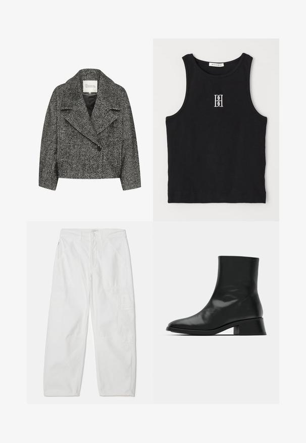 Černobílý kabát s herringbone vzorem, zkrácený, s širokým límcem, jednobodovým zapínáním a dvěma bočními kapsami. Hladká textilie.; Černý žebrovaný top bez rukávů s kulatým výstřihem a vyšívaným logem v bílé barvě. Materiál má hladkou texturu a těsný střih.; Citizens of Humanity MARCELLE LOW SLUNG - Kapsáče - beige; Černé kotníkové boty vyrobené z lesklé kůže, s elegantním designem, špičatou špičkou a umírněným blokovým podpatkem pro stabilitu.