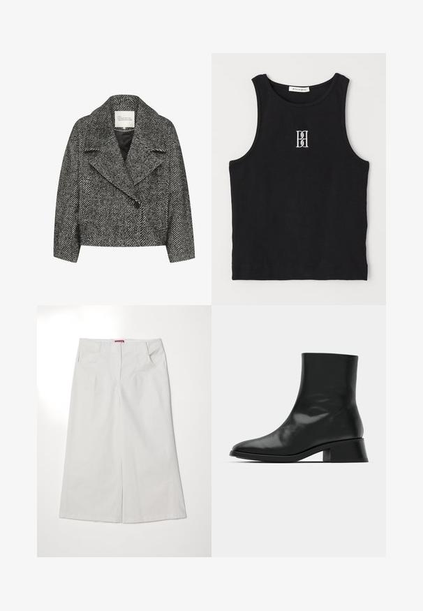 Manteau cropped en noir et blanc à motif en chevrons, avec un large col, fermeture à un bouton et deux poches latérales. Texture de tissu lisse.; Débardeur noir côtelé avec un col rond et un logo brodé en blanc. Le tissu a une texture lisse avec une coupe ajustée.; Pantalons larges blancs en coton, dotés de deux poches avant, d'une texture lisse et d'une taille droite avec une fermeture discrète.; Bottine noire en cuir brillant, au design épuré, avec un bout pointu et un petit talon bloc pour plus de stabilité.