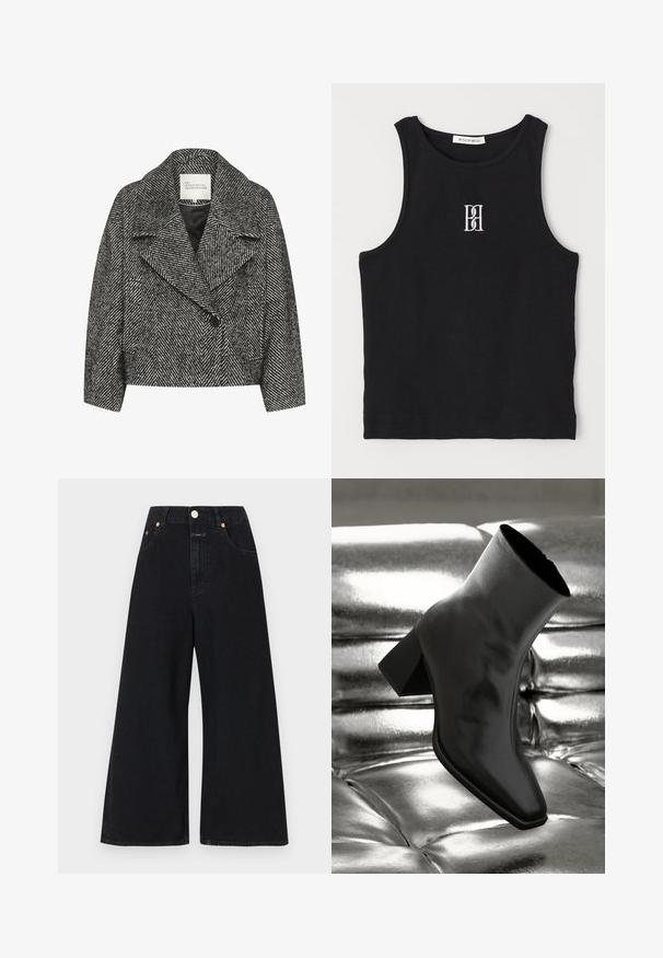 Crni i bijeli kaput s uzorkom riblje kosti, skraćenog kroja, širokim reverom, jednim dugmetom i dva bočna džepa. Glatka tekstura tkanine.; Crna rebrasta majica bez rukava s okruglim izrezom i izvezenim logotipom u bijeloj boji. Tkanina ima glatku teksturu i prilagođen je kroj.; Crne traperice širokih nogavica. Imaju visoki struk, bakrene detalje i kopčanje na gumb. Minimalistički dizajn bez uzoraka.; Crni gležnjača napravljena od sjajnog materijala sa četvrtastim vrhom i suženom petom, postavljena protiv srebrne sjajne pozadine sa nabranim uzorkom.