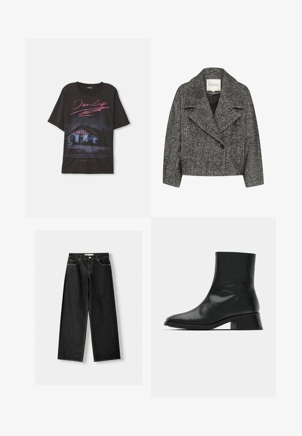 Black and white herringbone patterned cropped coat with a wide lapel, single button closure, and two side pockets. Smooth fabric texture.; Black t-shirt featuring a graphic of a motel with pink and white text. Short sleeves and relaxed fit, made from cotton. Text includes brand name.; Black denim wide-leg jeans featuring five pockets, metal button and zipper closure, and contrasting yellow stitching along the seams.; Black ankle boot made of shiny leather, featuring a sleek design, pointed toe, and a moderate block heel for stability.