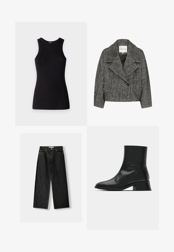 Cappotto corto a righe a zig-zag bianco e nero con ampio risvolto, chiusura a singolo bottone e due tasche laterali. Tessuto dalla texture liscia.; Top nero senza maniche con texture a coste, scollatura rotonda, forma aderente e finitura liscia. Tessuto a maglia leggero.; Jeans larghi in denim nero con cinque tasche, chiusura con bottone metallico e zip, e cuciture gialle a contrasto lungo le cuciture.; Stivale alla caviglia nero realizzato in pelle lucida, con un design elegante, punta affilata e un tacco a blocco moderato per stabilità.