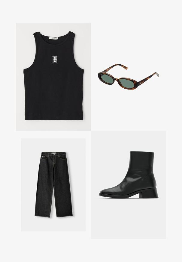 Černobílý kabát s herringbone vzorem, zkrácený, s širokým límcem, jednobodovým zapínáním a dvěma bočními kapsami. Hladká textilie.; Černý žebrovaný top bez rukávů s kulatým výstřihem a vyšívaným logem v bílé barvě. Materiál má hladkou texturu a těsný střih.; Černé denimové široké kalhoty s pěti kapsami, kovovým knoflíkem a zipovým zapínáním, a kontrastním žlutým prošíváním podél švů.; Černé kotníkové boty vyrobené z lesklé kůže, s elegantním designem, špičatou špičkou a umírněným blokovým podpatkem pro stabilitu.; Sluneční brýle ve hmotě želvoviny s oválnými obroučkami a zelenými čočkami. Mají tenké stranice s metalickým akcentem u závěsů.