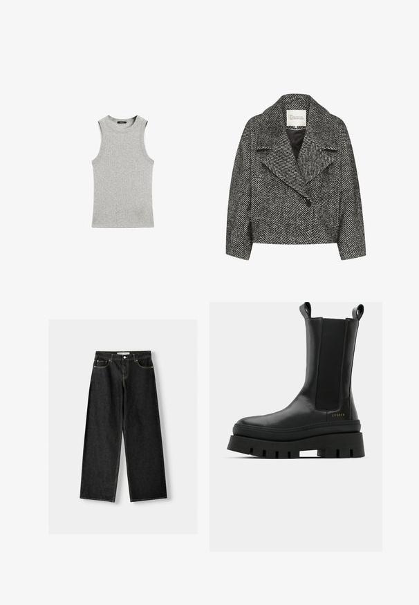 Sort og hvid chevronmønstret cropped jakke med bred krave, enkelt knaplukning og to sidelommer. Glat stofmed en blød tekstur.; Grå ærmeløs tanktop lavet af et blødt, let stof. Har en rund halsudskæring og et rent, minimalistisk design uden mønstre eller accenter.; Sorte denim bukser med bred ben, der har fem lommer, metalknap og lynlås lukning samt kontrasterende gul syning langs sømmene.; Sorte ankelstøvler med en glat læderfinish, elastiske sidepaneler og en chunky, struktureret platformssål, der har et logo-detail.