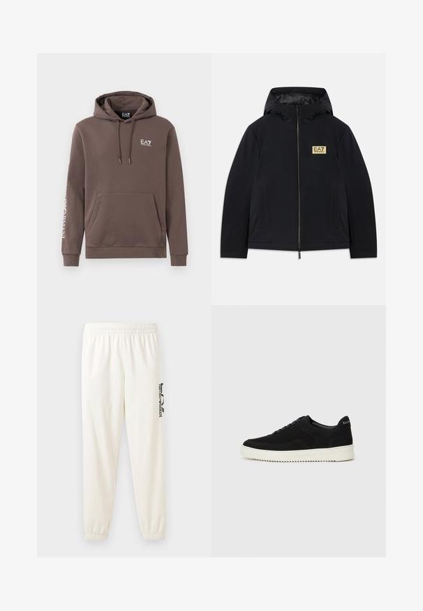 Casaco isolado preto com capuz, apresentando um logótipo dourado, fecho frontal e bolsos laterais. Textura suave com um design minimalista.; Sweatshirt capuz castanho feito de uma mistura de algodão, com um bolso canguru frontal, cordão no capuz e logótipo bordado no peito e na manga.; Calças de treino beje claro com cintura elástica e punhos elásticos. Apresenta um logo preto impresso na perna esquerda. Tecido com textura suave.; Sapatilhas de camurça pretas com design de atacadores e sola de borracha branca em contraste. Apresenta painéis laterais texturizados e uma marcação discreta no calcanhar.