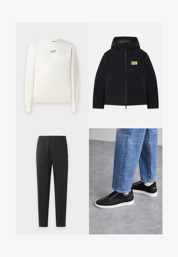 Černá zateplená bunda s kapucí, s zlatým logem, předním zipem a bočními kapsami. Hladká textura s minimalistickým designem.; Bílá mikina vyrobená z měkké látky s kulatým výstřihem. Má dlouhé rukávy a malé logo EA7 na hrudi. Přiléhavé manžety a lem.; Černé joggingové kalhoty vyrobené z měkké tkaniny, s elastickým pasem, rovnými nohavicemi a malým logem na boku.; Černé kožené tenisky s bílými gumovými podrážkami, zaoblenými tkaničkami, hladkým povrchem a diskrétním logem na patě. Nosené s modrými džíny.