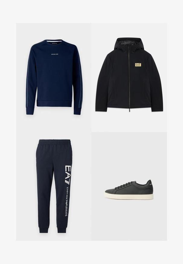 Chaqueta aislante negra con capucha, que presenta un logo dorado, cierre frontal y bolsillos laterales. Textura suave con un diseño minimalista.; Sudadera navy hecha de una mezcla de algodón, con cuello redondo, mangas largas, rayas laterales blancas y un pequeño logo blanco en el frente.; Joggers de algodón azul marino con cinturilla elástica, piernas estrechas y logotipos en blanco de EA7 y Emporio Armani impresos a lo largo del costado.; Zapatilla negra de cuero con perfil bajo, punta redondeada y cierre de cordones; cuenta con una suela de goma texturizada y detalle del logo en el talón.