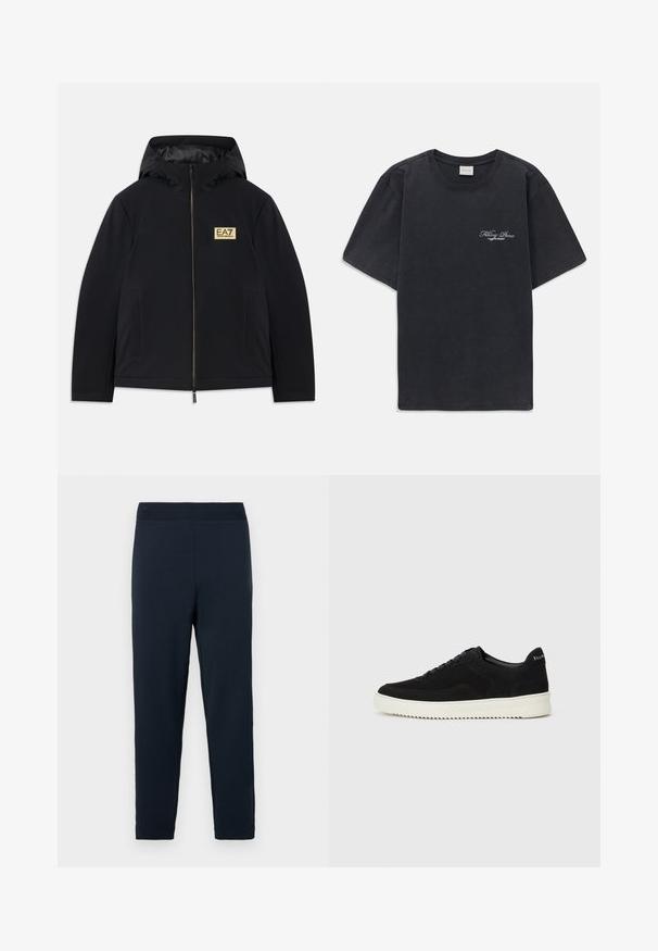 Svart isolert jakke med hette, med et gullfarget logo, fremre glidelås og sidelommer. Glatt tekstur med minimalistisk design.; Svart kortermet t-skjorte med rund hals og liten hvit "Filling Pieces" tekstlogo på venstre bryst.; Navy blå joggebukser laget av myk bomullsblanding, med elastisk midje, avsmalnende ben og ingen synlige mønstre eller detaljer.; Svart semsket sneakers med snøring og kontrasterende hvit gummisåle. Har teksturerte sidepaneler og subtil merkevare på hælen.