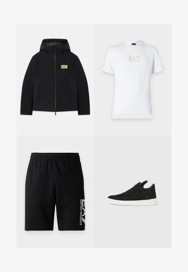 Jacketa neagră izolată cu glugă, având un logo auriu, fermoar frontal și buzunare laterale. Textură netedă cu un design minimalist.; Tricou alb din bumbac, cu guler rotund și mâneci scurte, având un logo auriu EA7 Emporio Armani imprimat pe față.; EA7 Emporio Armani TRAIN VISIBILITY - Pantaloni scurți - black/cream; Sneakers negre din suede cu o talpă din cauciuc albă, prezentând cusături tonale și un design cu șireturi. Textură netedă cu o formă modernă și aerodinamică.