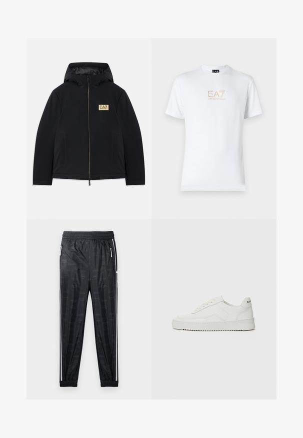 Schwarze isolierte Jacke mit Kapuze, ausgestattet mit einem goldenen Logo, einem Frontreißverschluss und Seitentaschen. Glatte Textur mit minimalistischer Gestaltung.; Weißes Baumwoll-T-Shirt mit Rundhalsausschnitt und kurzen Ärmeln, mit einem goldenen EA7 Emporio Armani-Logo auf der Vorderseite.; Schwarze Sporthose mit glänzender Oberfläche, ausgestattet mit einem dezenten Logomuster, elastischem Bund und seitlichen Reißverschlusstaschen mit weißen Akzenten.; Weiße Ledersneaker mit glatter Oberfläche, runder Zehenpartie, flachen Schnürsenkeln und strukturiertem Sohlenprofil. Mit einem dezenten Logo an der Ferse.