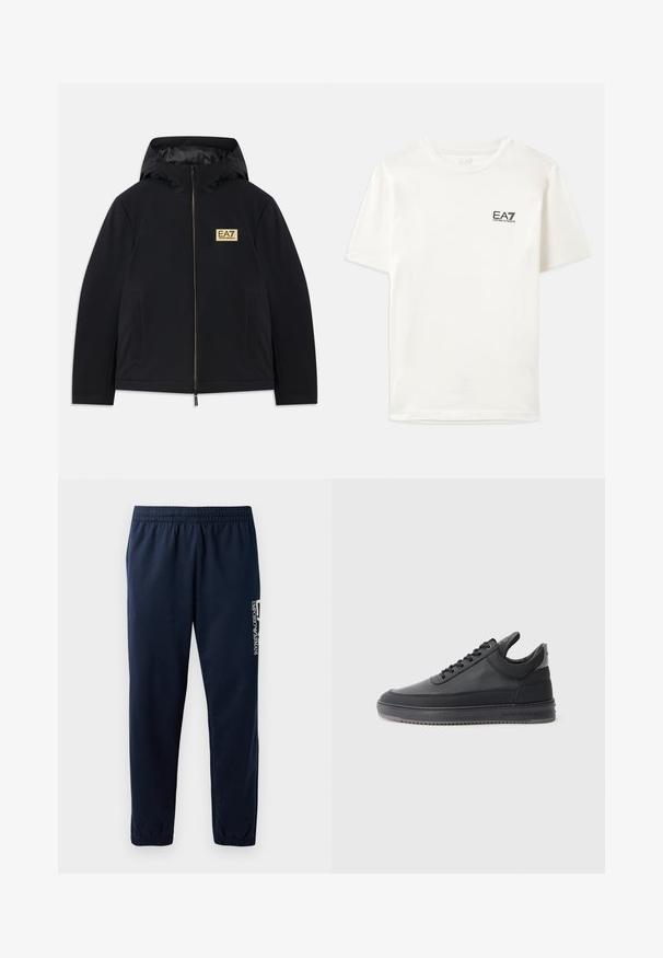 Juodas šiltas džemperis su gobtuvu, su auksiniu logotipu, priekiniais užtrauktukais ir šoniniais kišeniais. Sklandžios tekstūros ir minimalistinio dizaino.; Balta medvilninė marškinėlė su trumpomis rankovėmis, apvaliu kaklu ir mažu juodu EA7 logotipu kairėje krūtinės pusėje. Lygi tekstūra, standartinio kirpimo.; Tamsiai mėlynos sportinės kelnės su elastinga juosta, siaurėjantys kojų modeliai ir baltas logotipas šone. Švelni medžiaga su lengvu audiniu.; Juodos odinės sportbačiai su tekstūruotu paviršiumi, su raišteliais, žemu kraštu ir pilku guminio pado kraštu su grioveliais.