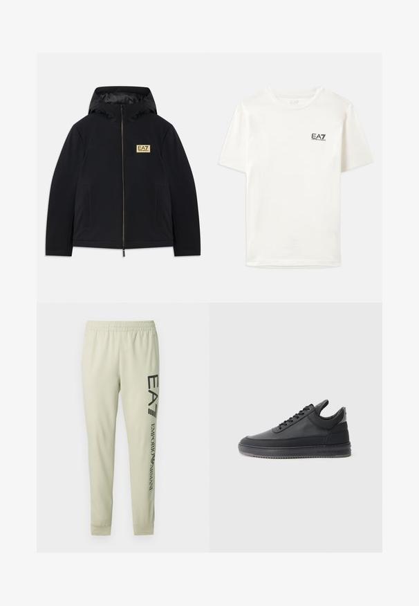 Czarna kurtka ocieplana z kapturem, z złotym logo, przednim zamkiem błyskawicznym i bocznymi kieszeniami. Gładka tekstura i minimalistyczny design.; Biała bawełniana koszulka z krótkim rękawem, okrągłym dekoltem i małym czarnym logo EA7 po lewej stronie klatki piersiowej. Gładka faktura, standardowy krój.; Kremowe spodnie dresowe z elastycznym paskiem w talii, zwężanymi nogawkami oraz czarnym nadrukowanym tekstem po lewej stronie. Miękka, gładka tkanina.; Czarne skórzane sneakersy o teksturowanej powierzchni, z wiązaniem, niskim krojem i szarym gumowym spodem z żebrowanym brzegiem.