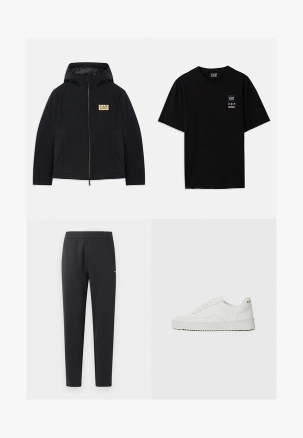 Mustard mustega kapuutsiga must isolatsioonivjakk, millel on kuldne logo, esi tõmblukk ja küljetaskud. Sile tekstuur ja minimalistlik disain.; Must must-habetic T-särk mustadest puuvilladest lühikeste varrukatega, ümar kaelus ja väike logo silt ees, mis sisaldab hooldusmärke valgena.; Mustad jogger pants pehmest kangast, millel on elastne vöökoht, sirged sääred ja üks väike logodetail küljel.; Valge nahast tennis, millel on sile põhi, ümar varvas, lamedad nöörid ja tekstuuriline tall. Sisaldab diskreetset logo kontsaribal.