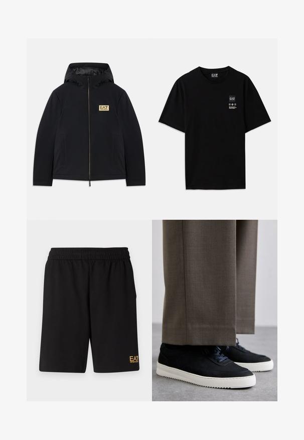 Black insulated jacket with a hood, featuring a gold logo, front zipper, and side pockets. Smooth texture with a minimalist design.; Black cotton t-shirt with short sleeves, a crew neck, and a small logo tag on the front featuring care symbols in white.; Black athletic shorts made of soft fabric,Featuring an elastic waistband and a small yellow EA7 logo on the lower left leg.; Black suede sneakers with white rubber soles, featuring a rounded toe and laces, worn with gray tailored pants.