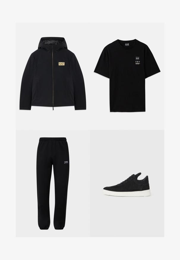 Melnā izolētā jaka ar kapuci, kurai ir zelta logotips, priekšējā rāvējslēdzēja spraude un sānu kabatas. Gluda tekstūra ar minimālistisku dizainu.; Melnas kokvilnas T-krekls ar īsām piedurknēm, apaļo kakla izgriezumu un nelielu logotipa birku priekšpusē ar baltiem apzīmējumiem par kopšanu.; 7 DAYS Active ORGANIC FITTED SWEATPANTS - Treniņtērpa apakšdaļas - black beauty; Melna zamša apavi ar baltu gumijas zoli, ar tonālu izšuvumu un auklu dizainu. Gluda tekstūra ar mūsdienīgu, plūstošu formu.