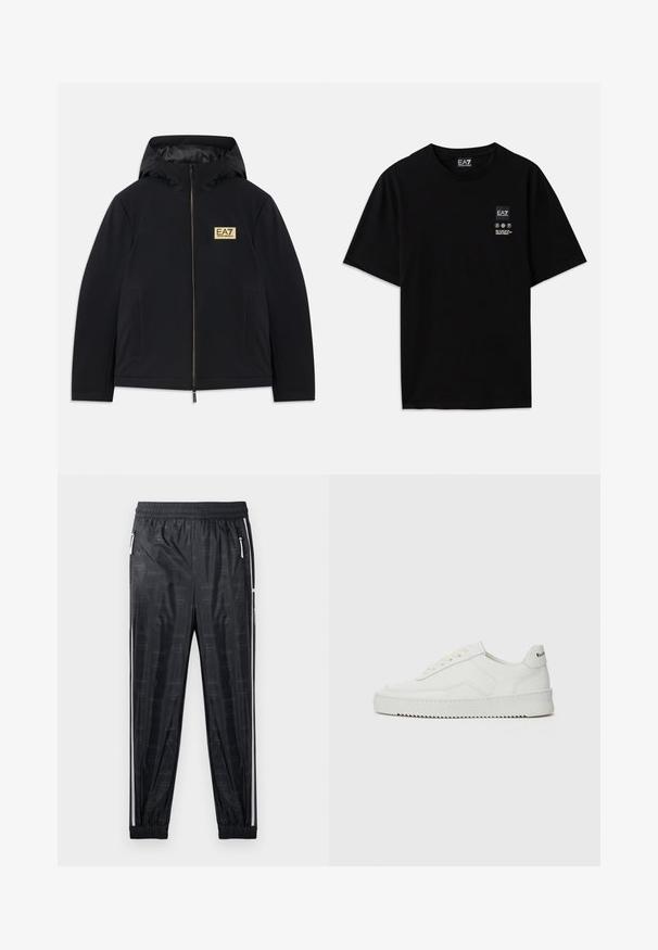 Black insulated jacket with a hood, featuring a gold logo, front zipper, and side pockets. Smooth texture with a minimalist design.; Black cotton t-shirt with short sleeves, a crew neck, and a small logo tag on the front featuring care symbols in white.; Black athletic pants with a glossy finish, featuring a subtle logo pattern, elastic waistband, and side zip pockets with white accents.; White leather sneaker with a smooth finish, round toe, flat laces, and a textured sole. Features a subtle logo on the heel.