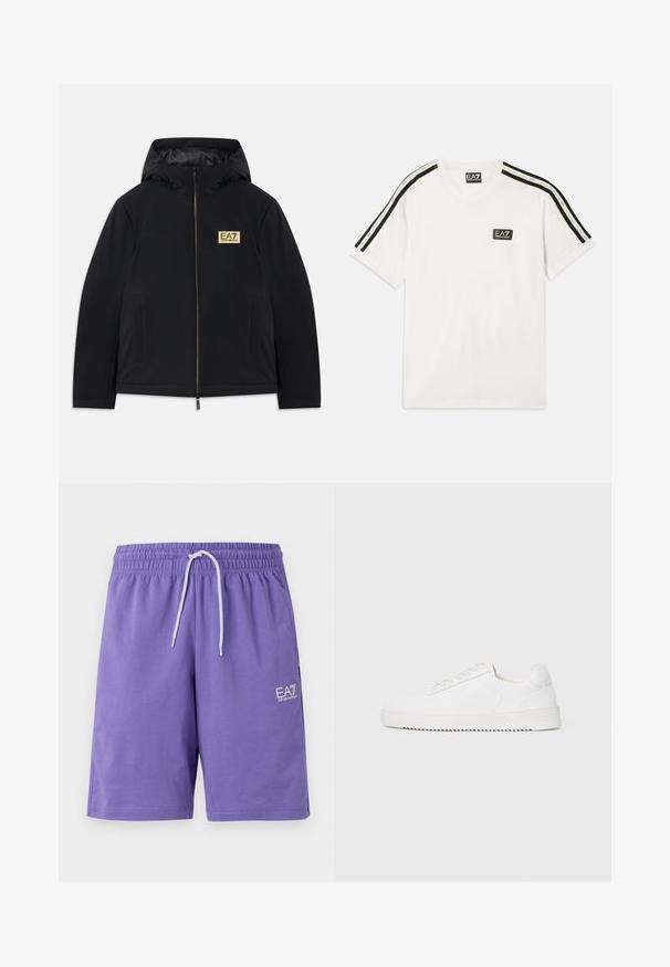 Casaco isolado preto com capuz, apresentando um logótipo dourado, fecho frontal e bolsos laterais. Textura suave com um design minimalista.; T-shirt de algodão branca com decote redondo, mangas curtas, riscas pretas de destaque nos ombros e um pequeno logótipo EA7 no peito.; Calções roxos feitos de um tecido suave, com uma cintura elástica e um cordão branco, além de um pequeno logótipo branco na parte da frente.; Sapatilha branca com um cabedal de couro suave, bico arredondado, atacadores, detalhes texturizados nas laterais e uma sola de borracha grossa. Design minimalista.