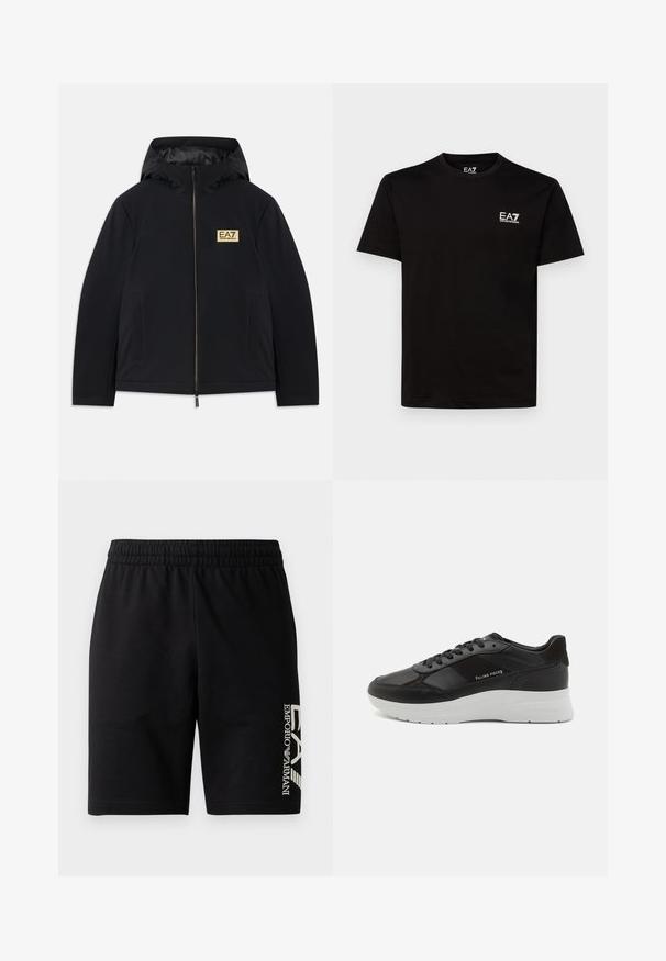 Černá zateplená bunda s kapucí, s zlatým logem, předním zipem a bočními kapsami. Hladká textura s minimalistickým designem.; Černé bavlněné tričko s kulatým výstřihem, krátkými rukávy a malým bílým logem EA7 na levé hrudi. Hladká textura a pravidelný střih.; EA7 Emporio Armani TRAIN VISIBILITY - Šortky - black/cream; Černé kožené tenisky se semišovými akcenty, kulatou špičkou, bílou gumovou podešví a prošívanými detaily. Logo potištěné na boku. Klasický design na šněrování.
