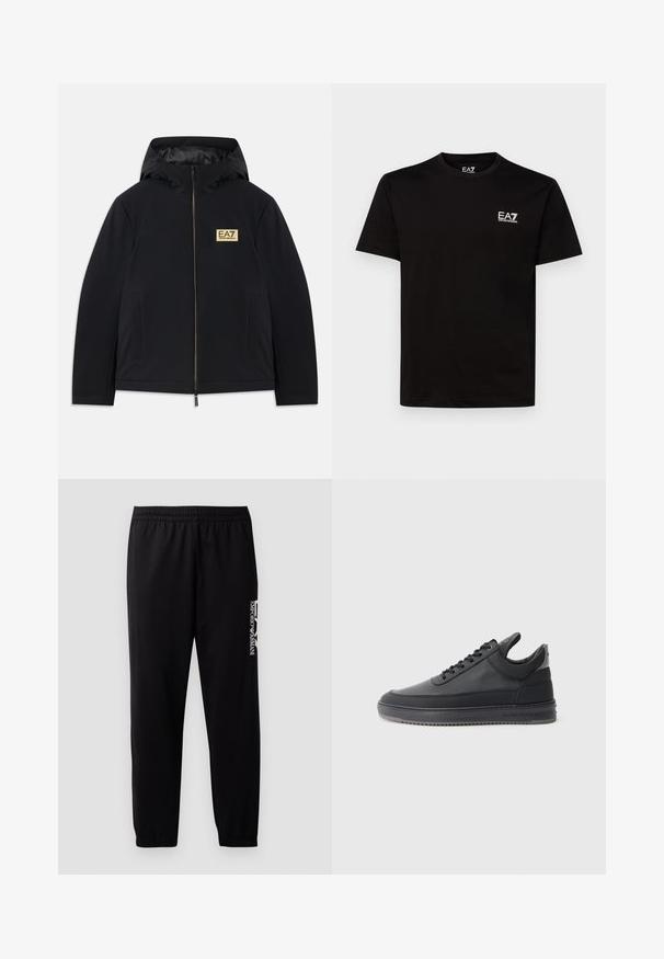 Casaco isolado preto com capuz, apresentando um logótipo dourado, fecho frontal e bolsos laterais. Textura suave com um design minimalista.; T-shirt preta de algodão com decote redondo, mangas curtas e pequeno logótipo EA7 branco no lado esquerdo do peito. Textura suave e corte regular.; Calças de treino pretas feitas de um tecido suave, com uma cintura elástica e punhos, e um logotipo em contraste impresso na lateral.; Sapatilhas de couro preto com uma superfície texturizada, design de atacadores, cano baixo, e uma sola de borracha cinza com uma borda estriada.