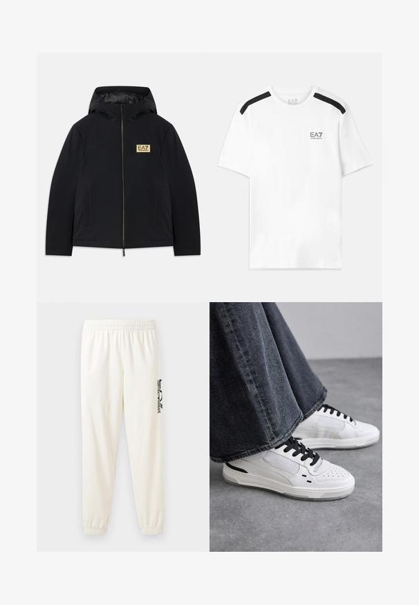 Mustat eristetyt takit hupulla, jossa on kultainen logo, etuvetoketju ja sivutaskut. Sulava pinta ja minimalistinen muotoilu.; Valkoinen lyhythihaisella t-paidalla, jossa on mustat tehosteviivat olkapäillä. Paidassa on pieni musta logo rinnassa. Valmistettu pehmeästä ja sileästä kankaasta.; Harmasharma valu beige-harmahousut, joissa on joustava vyötärö ja joustavat lahkeet. Vasemmassa lahkeessa on musta painettu logo. Pehmeä kangas.; Valkoiset tennarit mustilla nauhoilla ja verkko-ompeleilla. Kengissä on sileä nahkainen päällinen ja teksturoitu kumipohja. Yhdistetty leveälahkeisiin harmaisiin farkkuihin.