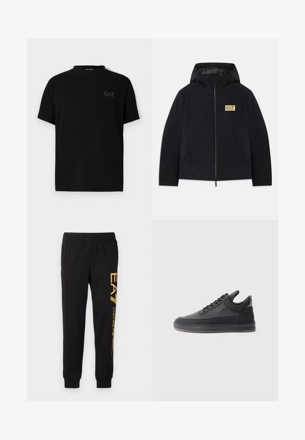 Svart isolerad jacka med huva, med en guldig logotyp, framdragkedja och sidofickor. Slät yta med en minimalistisk design.; Svart bomullst-shirt med korta ärmar, med en liten EA7-logotyp på bröstet och krämfärgade ränder längs axlarna.; Svarta träningsoveraller tillverkade av mjukt tyg, med resårmidja och ribbade anklar. Gult märke tryckt vertikalt på vänster ben.; Svarta läder sneakers med en texturerad yta, snörningsdesign, låg modell och en grå gummisula med räfflad kant.