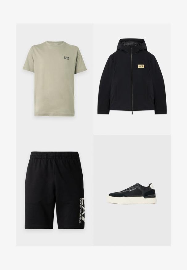 Čierna izolovaná bunda s kapucňou, s nápadným zlatým logom, predným zipsom a bočnými vreckami. Hladká textura s minimalistickým dizajnom.; Olivovo zelené bavlnené tričko s okrúhlym golierom a krátkymi rukávmi. Na prednej strane je malý čierny logo EA7.; EA7 Emporio Armani TRAIN VISIBILITY - Šortky - black/cream; Čierne tenisky vyrobené z textílie a kože, s hrubou bielou podrážkou a kontrastnými akcentmi. Šnúrky a detail loga na boku.