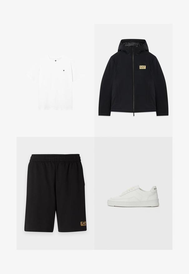 Črna izolirana jakna s kapuco, z zlatim logotipom, sprednjim zadrgo in stranskimi žepi. Gladek material z minimalističnim dizajnom.; Bela majica s kratkimi rokavi in okroglo ovratnikom z majhnim krožnim logotipom, ki prikazuje črno črko "W" na levi strani prsnega dela.; Črne športne kratke hlače iz mehkega blaga, z elastičnim pasom in majhnim rumenim logotipom EA7 na spodnjem levem delu noge.; Bela usnjena športna obutev z gladko površino, okroglo prst, ravne vezalke in teksturiran podplat. Ima diskretno logo na peti.