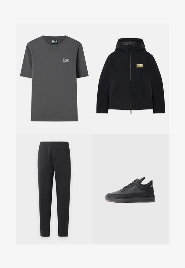 Casaco isolado preto com capuz, apresentando um logótipo dourado, fecho frontal e bolsos laterais. Textura suave com um design minimalista.; T-shirt cinza de manga curta, feito de algodão. Apresenta um decote redondo e um pequeno logótipo branco da EA7 no peito. Acabamento com bainha plana.; Calças de treino pretas feitas de tecido suave, com um cós elástico, pernas retas e um pequeno detalhe de logotipo de um lado.; Sapatilhas de couro preto com uma superfície texturizada, design de atacadores, cano baixo, e uma sola de borracha cinza com uma borda estriada.