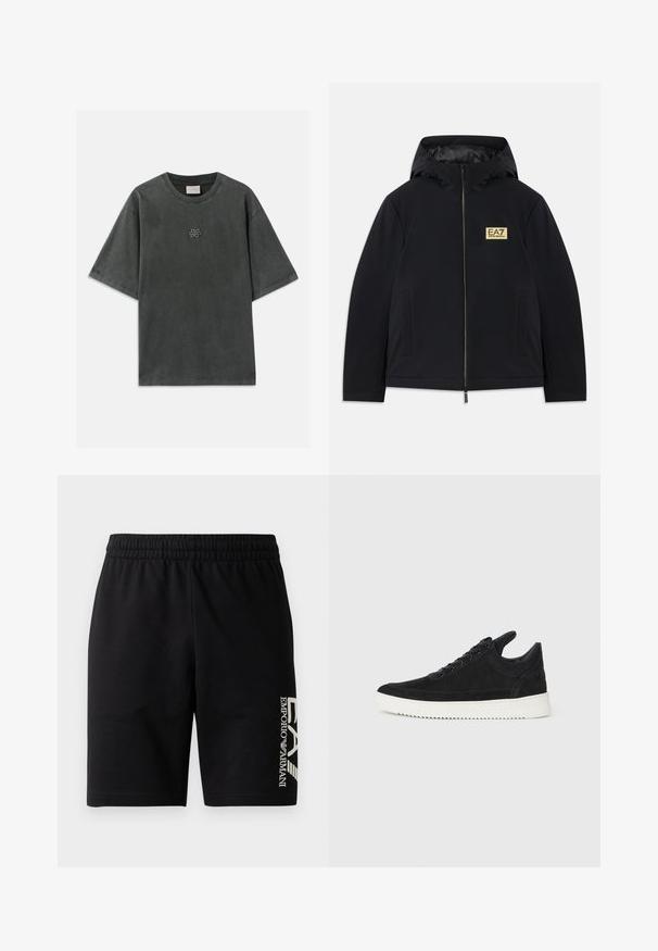 Juodas šiltas džemperis su gobtuvu, su auksiniu logotipu, priekiniais užtrauktukais ir šoniniais kišeniais. Sklandžios tekstūros ir minimalistinio dizaino.; Pilkos spalvos medvilnės marškinėliai su laisvu siluetu, trumpomis rankovėmis ir apvaliu iškirpimu. Yra mažas logotipas ant krūtinės. Svarbus lygaus paviršiaus faktūra.; EA7 Emporio Armani TRAIN VISIBILITY - Šortai - black/cream; Juodų suede sportbačių su balta gumine padu, su toniniais siuvinėjimais ir raištelių užsegimu. Sklandus paviršius su šiuolaikine, laiko forma.