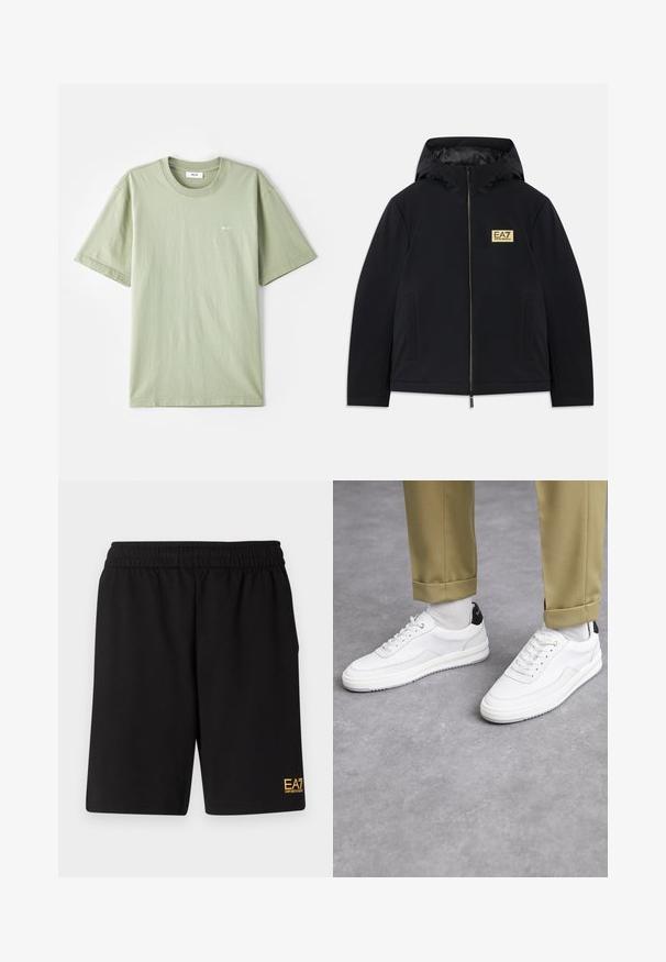 Schwarze isolierte Jacke mit Kapuze, ausgestattet mit einem goldenen Logo, einem Frontreißverschluss und Seitentaschen. Glatte Textur mit minimalistischer Gestaltung.; Hellgrünes Baumwoll-T-Shirt mit kurzen Ärmeln, Rundhalsausschnitt und kleinem weißen Logo auf der Brust. Weicher Stoff, lässige Passform und minimalistisches Design.; Schwarze Sportshorts aus weichem Material, mit einem elastischen Bund und einem kleinen gelben EA7-Logo am unteren linken Bein.; Weiße Sneakers mit einer strukturierten Lederoberfläche, abgerundeter Zehenpartie und schwarzem Fersenakzent. Gummisohle mit kleinem Profilmuster und genähten Details.