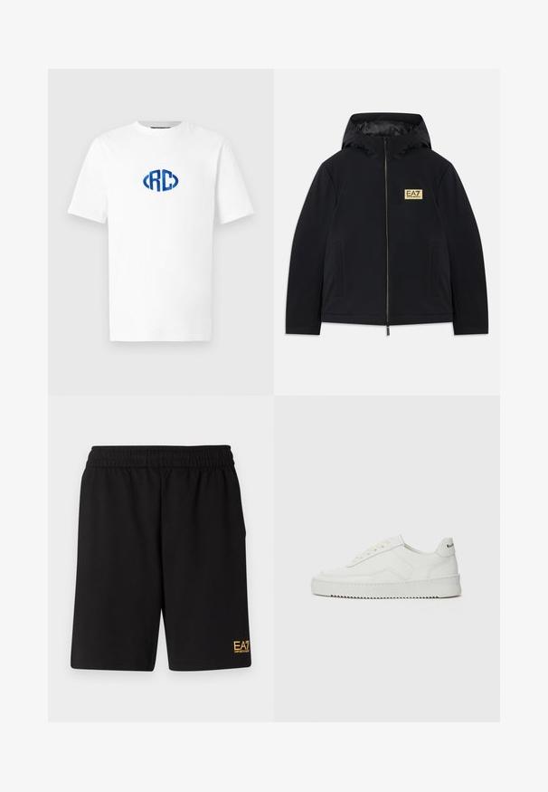 Melnā izolētā jaka ar kapuci, kurai ir zelta logotips, priekšējā rāvējslēdzēja spraude un sānu kabatas. Gluda tekstūra ar minimālistisku dizainu.; Balta T-krekls ar īsām piedurknēm, uz krūšu centra ir zils izšūts "RC" logo.; Melnas sporta šortus, kas izgatavoti no mīksta auduma, ar elastīgu jostu un mazu dzeltenu EA7 logo zem kreisā kājas stūra.; Baltas ādas sneakers ar gludu virsmu, apaļu pirkstu daļu, plakaniem šņorēm un teksturētu zoli. Satur diskrētu logotipu uz papēža.