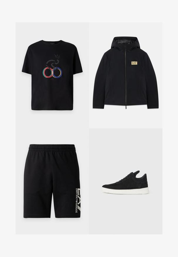 Mustat eristetyt takit hupulla, jossa on kultainen logo, etuvetoketju ja sivutaskut. Sulava pinta ja minimalistinen muotoilu.; Mustapaita, jossa on graafinen kuvio värikkäillä olympiarenkaiilla, abstrakti polkupyörän siluetti ja kruunamotiivi. Puuvillakangasta.; EA7 Emporio Armani TRAIN VISIBILITY - Shortsit - black/cream; Mustat mokkasiinikenkiä valkoisella kumipohjalla, jossa on sävy sävyyn ompelu ja nauhakiinnitys. Sujuva pinta ja moderni, virtaviivainen muoto.
