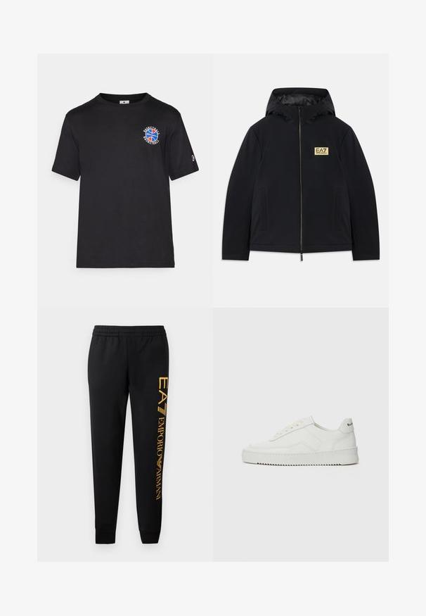 Črna izolirana jakna s kapuco, z zlatim logotipom, sprednjim zadrgo in stranskimi žepi. Gladek material z minimalističnim dizajnom.; Črna bombažna majica s kratkimi rokavi, ki ima na prsih krožno grafiko košarkarske žoge v rdeči, modri in beli barvi ter majhen logo na rokavu.; Črne trenirke z elastičnim pasom in manšetami na robovih. Imajo vertikalni zlat odtis logotipa na levi nogi. Narejene so iz mehkega materiala.; Bela usnjena športna obutev z gladko površino, okroglo prst, ravne vezalke in teksturiran podplat. Ima diskretno logo na peti.