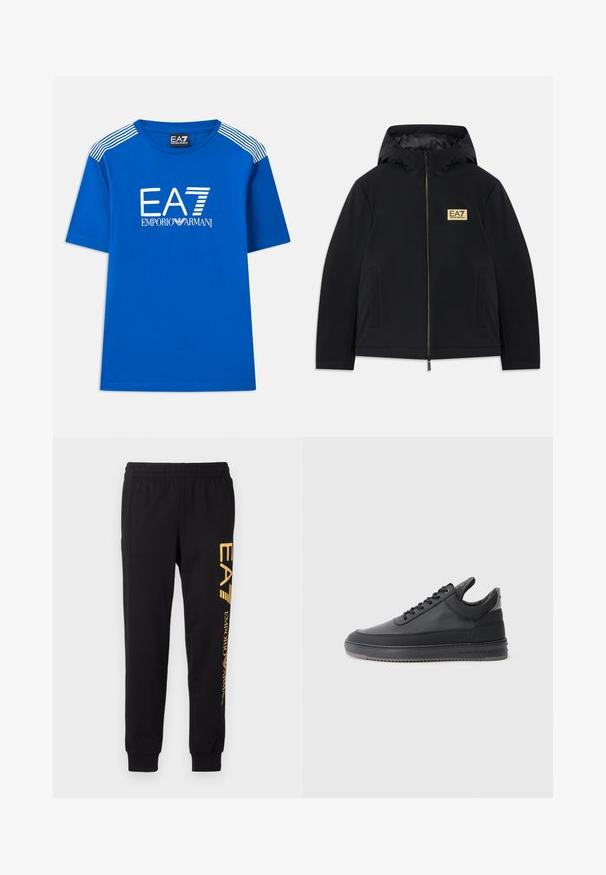 Crna izolirana jakna s kapuljačom, koja ima zlatni logotip, predni zatvarač i bočne džepove. Glatka tekstura s minimalističkim dizajnom.; Plava majica kratkih rukava od pamuka s okruglim izrezom i bijelim logotipom "EA7 EMPORIO ARMANI" s prugastim akcentima na ramenima.; Crne trenirke od mekog materijala, s elastičnom trakom u struku i suženim gležnjevima. Žuti branding otisnut vertikalno na lijevoj nozi.; Crne kožne tenisice s teksturiranom površinom, s vezicama, niskog su kroja i sivoj gumenoj potplati koja ima rebrasti rub.