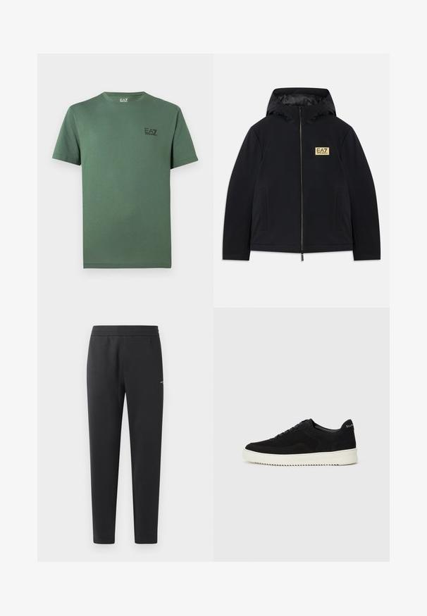 Črna izolirana jakna s kapuco, z zlatim logotipom, sprednjim zadrgo in stranskimi žepi. Gladek material z minimalističnim dizajnom.; Zelena bombažna majica s kratkimi rokavi in okroglim izrezom, z majhnim črnim logotipom na levi strani prsnega koša. Gladek otip, sproščen kroj.; Črne trenirka hlače iz mehkega blaga, z elastičnim pasom, ravnimi nogami in z enim majhnim logotipom na strani.; Črni semiš teniški copati z vezalkami in kontrastnim belim gumijastim podplatom. Imajo teksturirane stranske panele in subtilno oznako na peti.