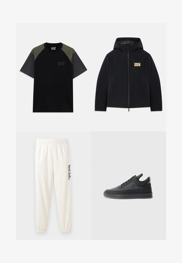 Casaco isolado preto com capuz, apresentando um logótipo dourado, fecho frontal e bolsos laterais. Textura suave com um design minimalista.; T-shirt preta de mangas curtas com painéis nos ombros em verde oliva, mangas cinza escuro e logótipo EA7 Emporio Armani no peito e na etiqueta do colarinho.; Calças de treino beje claro com cintura elástica e punhos elásticos. Apresenta um logo preto impresso na perna esquerda. Tecido com textura suave.; Sapatilhas de couro preto com uma superfície texturizada, design de atacadores, cano baixo, e uma sola de borracha cinza com uma borda estriada.