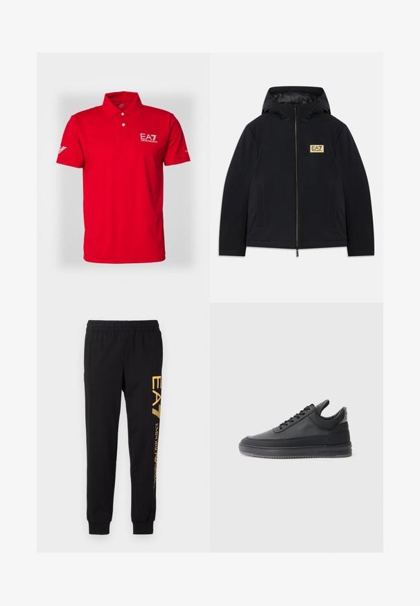 Casaco isolado preto com capuz, apresentando um logótipo dourado, fecho frontal e bolsos laterais. Textura suave com um design minimalista.; Polo vermelha feita de tecido suave, com colarinho de dois botões, mangas curtas e logótipo EA7 no peito e na manga.; Calças de treino pretas feitas de tecido suave, com uma cintura elástica e tornozelos ajustados. Logotipo amarelo impresso verticalmente na perna esquerda.; Sapatilhas de couro preto com uma superfície texturizada, design de atacadores, cano baixo, e uma sola de borracha cinza com uma borda estriada.