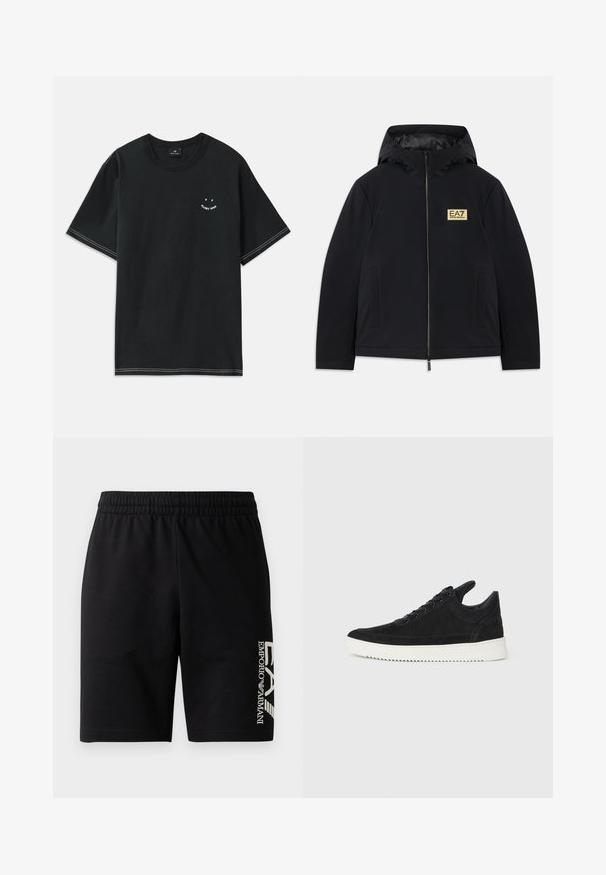 Mustard mustega kapuutsiga must isolatsioonivjakk, millel on kuldne logo, esi tõmblukk ja küljetaskud. Sile tekstuur ja minimalistlik disain.; Must koos olev must puuvillane T-särk lühikeste varrukatega, ümar kaelus ja valged õmblustooted. Ees on väike graafika.; EA7 Emporio Armani TRAIN VISIBILITY - Lühikesed püksid - black/cream; Must mustel kingad valge kummist tallaga, millel on toon-toonis õmblused ja paeltega disain. Sile tekstuur ja moodne, voolujooneline kuju.