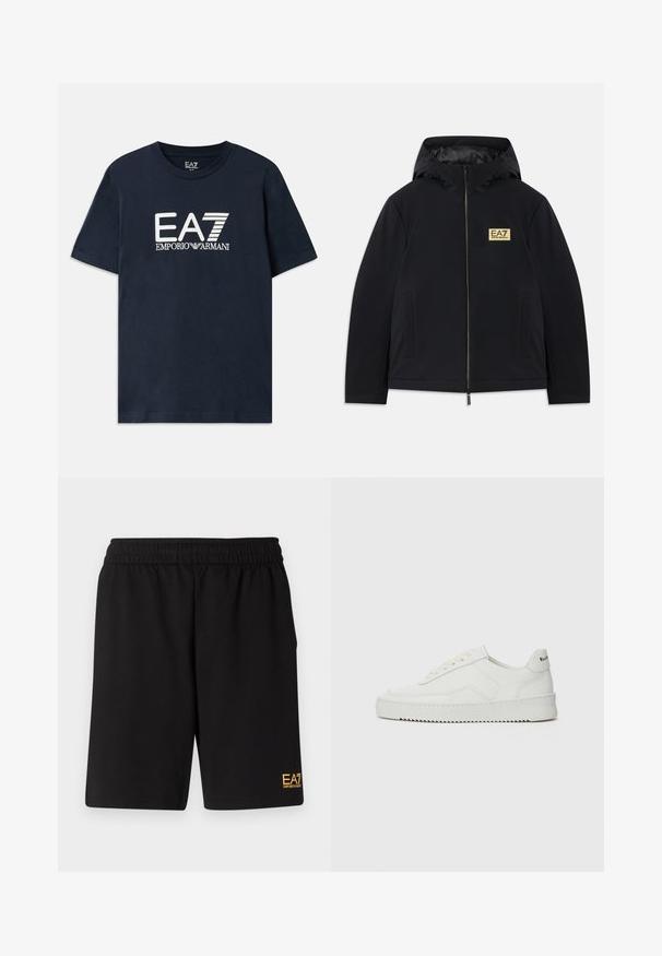 Svart isolert jakke med hette, med et gullfarget logo, fremre glidelås og sidelommer. Glatt tekstur med minimalistisk design.; Blå bomulls t-skjorte med korte ermer og rund hals. Har en fremtredende hvit EA7 Emporio Armani-logo på forsiden.; Sorte treningsshorts laget av mykt stoff, med elastisk midje og en liten gul EA7-logo nederst på venstre ben.; Hvite lærersneakers med en jevn overflate, rund tå, flate lisser og en teksturert såle. Har en subtil logo på hælen.