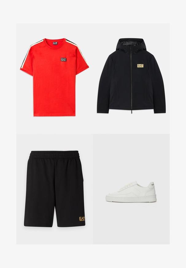 Černá zateplená bunda s kapucí, s zlatým logem, předním zipem a bočními kapsami. Hladká textura s minimalistickým designem.; Červené bavlněné tričko s kulatým výstřihem, s malým černým logem EA7 na hrudi a kontrastními černými a béžovými pruhy na rukávech.; Černé sportovní šortky vyrobené z měkké látky, s elastickým pasem a malým žlutým logem EA7 na dolní části levé nohy.; Bílé kožené tenisky s hladkým povrchem, kulatou špičkou, plochými tkaničkami a texturovanou podrážkou. Na patě se nachází nenápadné logo.