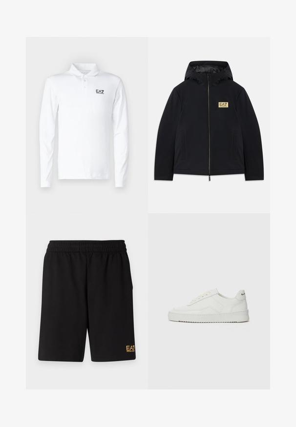 Casaco isolado preto com capuz, apresentando um logótipo dourado, fecho frontal e bolsos laterais. Textura suave com um design minimalista.; Camisa polo de manga longa branca, feita de algodão, com colarinho clássico, três botões e um logo EA7 preto no peito.; Calções desportivos pretos feitos de um tecido suave, com um cós elástico e um pequeno logótipo amarelo EA7 na parte inferior da perna esquerda.; Sapatilha de couro branco com acabamento suave, bico redondo, atacadores planos e uma sola texturizada. Apresenta um logotipo discreto no calcanhar.