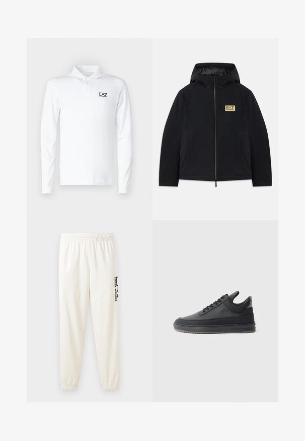 Casaco isolado preto com capuz, apresentando um logótipo dourado, fecho frontal e bolsos laterais. Textura suave com um design minimalista.; Camisa polo de manga longa branca, feita de algodão, com colarinho clássico, três botões e um logo EA7 preto no peito.; Calças de treino beje claro com cintura elástica e punhos elásticos. Apresenta um logo preto impresso na perna esquerda. Tecido com textura suave.; Sapatilhas de couro preto com uma superfície texturizada, design de atacadores, cano baixo, e uma sola de borracha cinza com uma borda estriada.