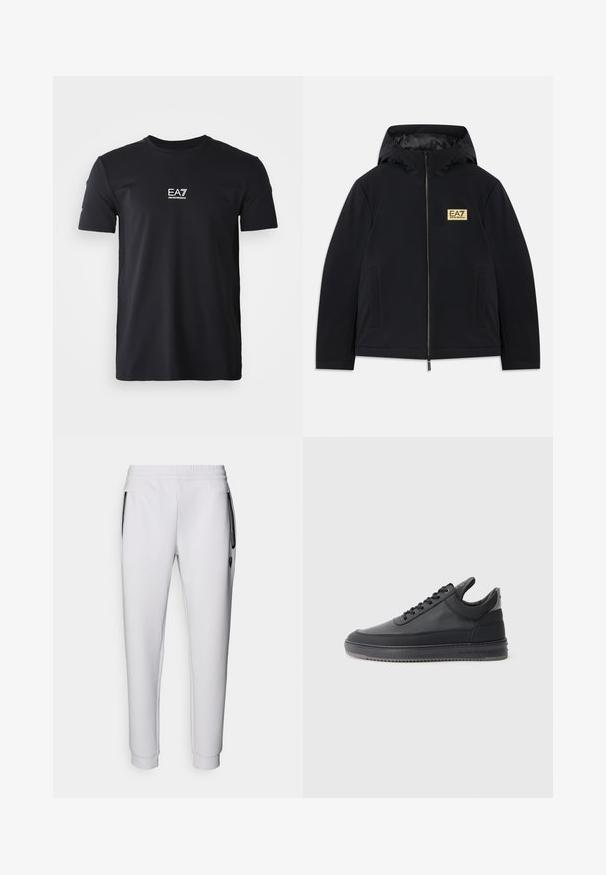 Svart isolerad jacka med huva, med en guldig logotyp, framdragkedja och sidofickor. Slät yta med en minimalistisk design.; Svart kortärmad T-shirt i mjukt material med en liten vit logotyp på bröstet, rund halsringning och standard passform.; Vita sweatpants med elastiskt midjeband, två sidofickor, svarta dragkedjedetaljer och ribbade fållar vid anklarna. Slät textur.; Svarta läder sneakers med en texturerad yta, snörningsdesign, låg modell och en grå gummisula med räfflad kant.