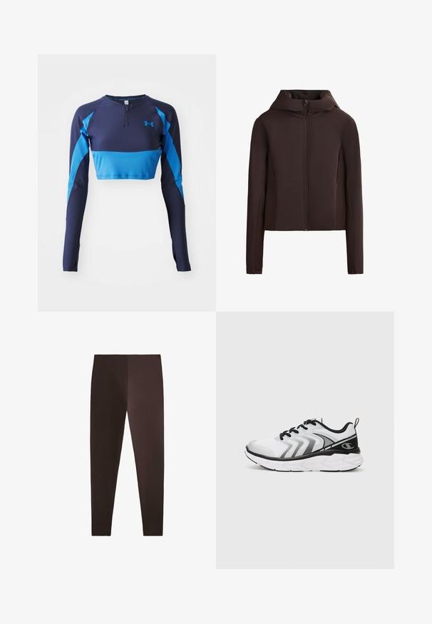 Braune Zip-Jacke mit Kapuze, die eine glatte Textur, lange Ärmel und seitliche Taschen aufweist; für eine eng anliegende Passform entworfen.; Stilvolles langärmliges Sportoberteil in Marine- und Blau mit einem halben Reißverschlusskragen, geripptem Textil und kontrastierenden Seitenteilen. Under Armour-Logo auf der Brust.; Braune Leggings aus dehnbarem Material, mit einem schmalen Design und glatter Textur, die eine klare, schlichte Silhouette bieten.; Champion Trainingsschuh - white/silver-coloured