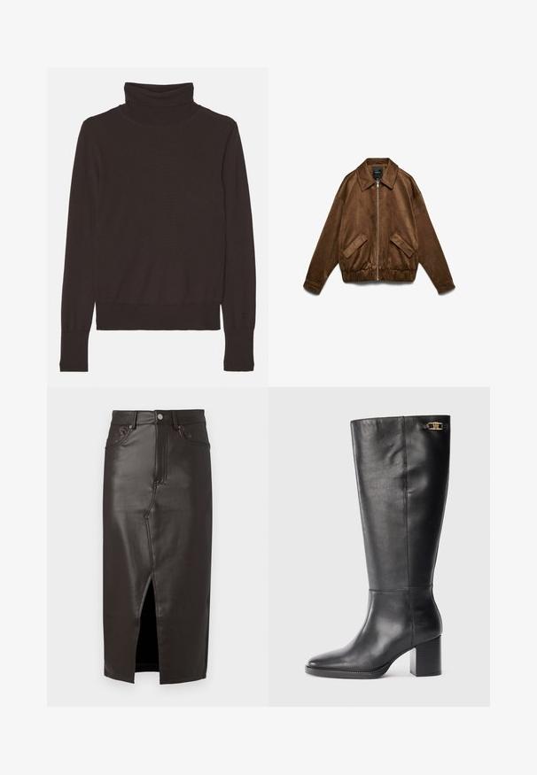 Brown bomber jacket with a smooth suede texture, large collar, front zipper, and elasticated hem. Features two angled side pockets.; Filippa K TURTLE NECK - Jumper - mocha; Brown leather midi skirt with a front slit, five-pocket design, and metal button closure. Smooth texture and tailored fit.; Black leather knee-high boot with a block heel, pointed toe, and gold hardware accent near the top. Smooth texture with minimal stitching.